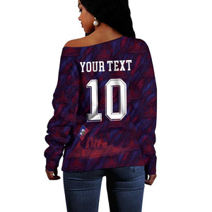 Custom Haiti National Football Off Shoulder Sweater Les Grenadiers Feather Pattern Coat Of Arms Art