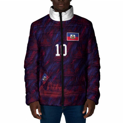 Custom Haiti National Football Padded Jacket Les Grenadiers Feather Pattern Coat Of Arms Art