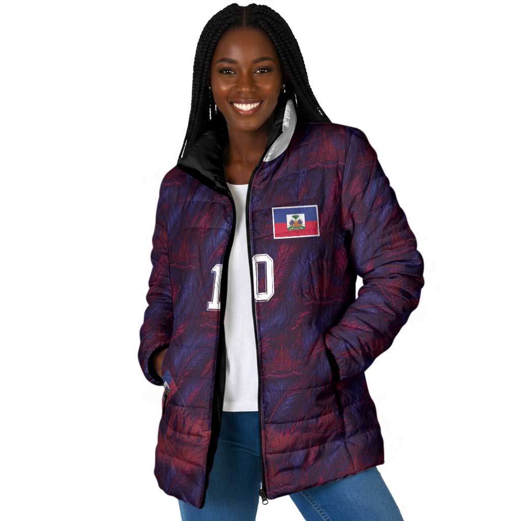 Custom Haiti National Football Padded Jacket Les Grenadiers Feather Pattern Coat Of Arms Art
