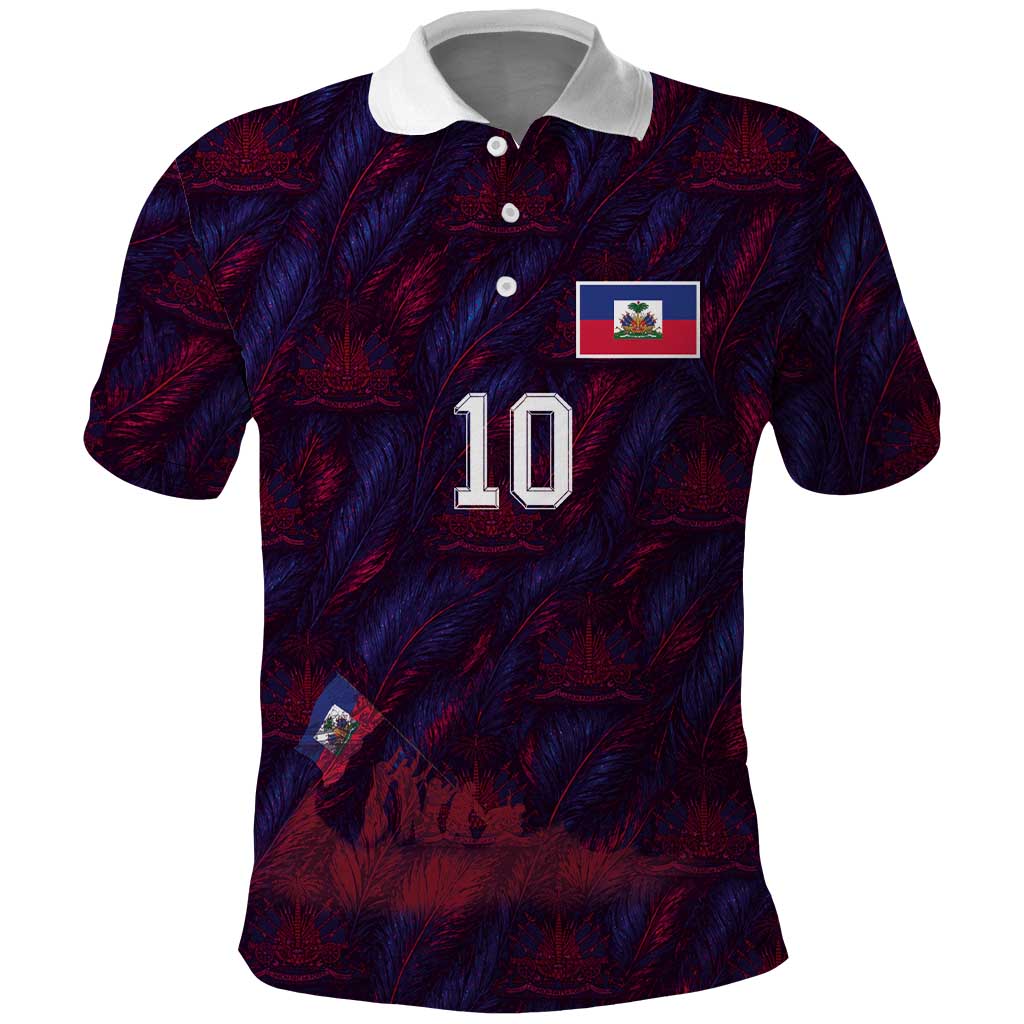 Custom Haiti National Football Polo Shirt Les Grenadiers Feather Pattern Coat Of Arms Art