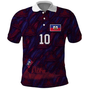 Custom Haiti National Football Polo Shirt Les Grenadiers Feather Pattern Coat Of Arms Art