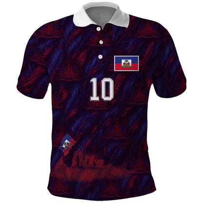 Custom Haiti National Football Polo Shirt Les Grenadiers Feather Pattern Coat Of Arms Art