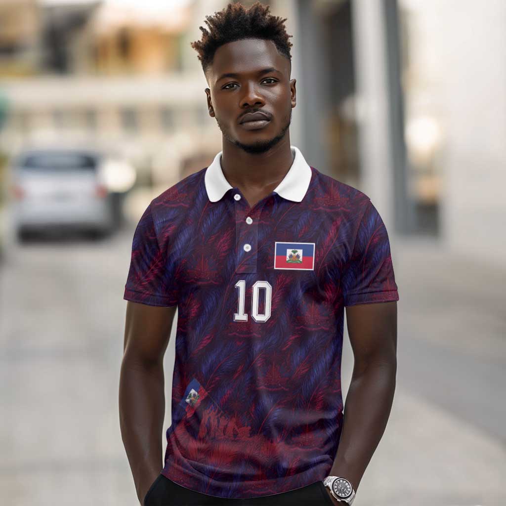 Custom Haiti National Football Polo Shirt Les Grenadiers Feather Pattern Coat Of Arms Art