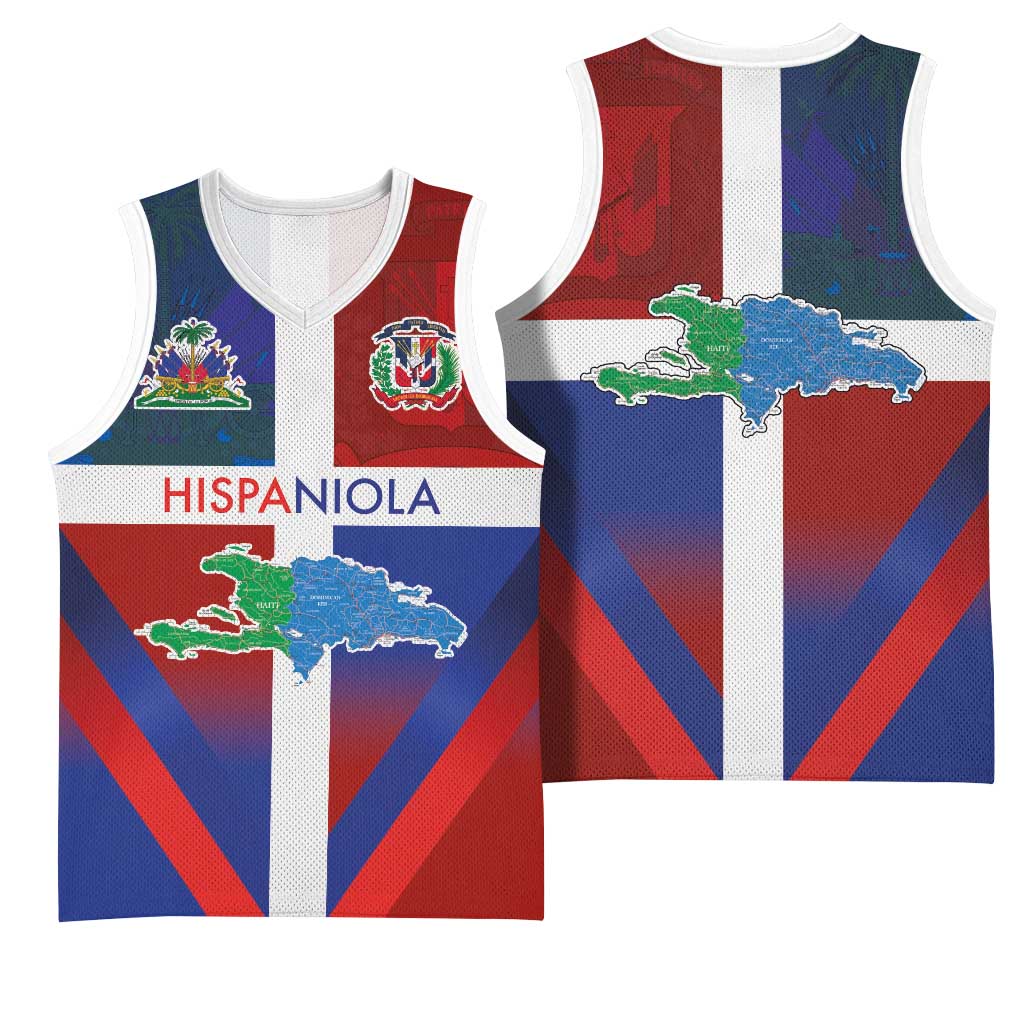 Hispaniola Basketball Jersey Haiti and Dominican Republic Emblems and Flag Style LT03