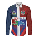Hispaniola Long Sleeve Button Shirt Haiti and Dominican Republic Emblems and Flag Style