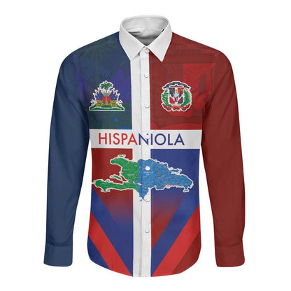 Hispaniola Long Sleeve Button Shirt Haiti and Dominican Republic Emblems and Flag Style