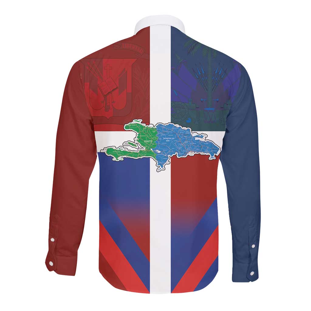 Hispaniola Long Sleeve Button Shirt Haiti and Dominican Republic Emblems and Flag Style