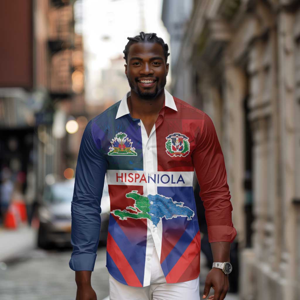Hispaniola Long Sleeve Button Shirt Haiti and Dominican Republic Emblems and Flag Style