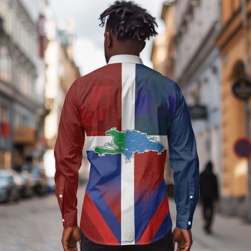 Hispaniola Long Sleeve Button Shirt Haiti and Dominican Republic Emblems and Flag Style