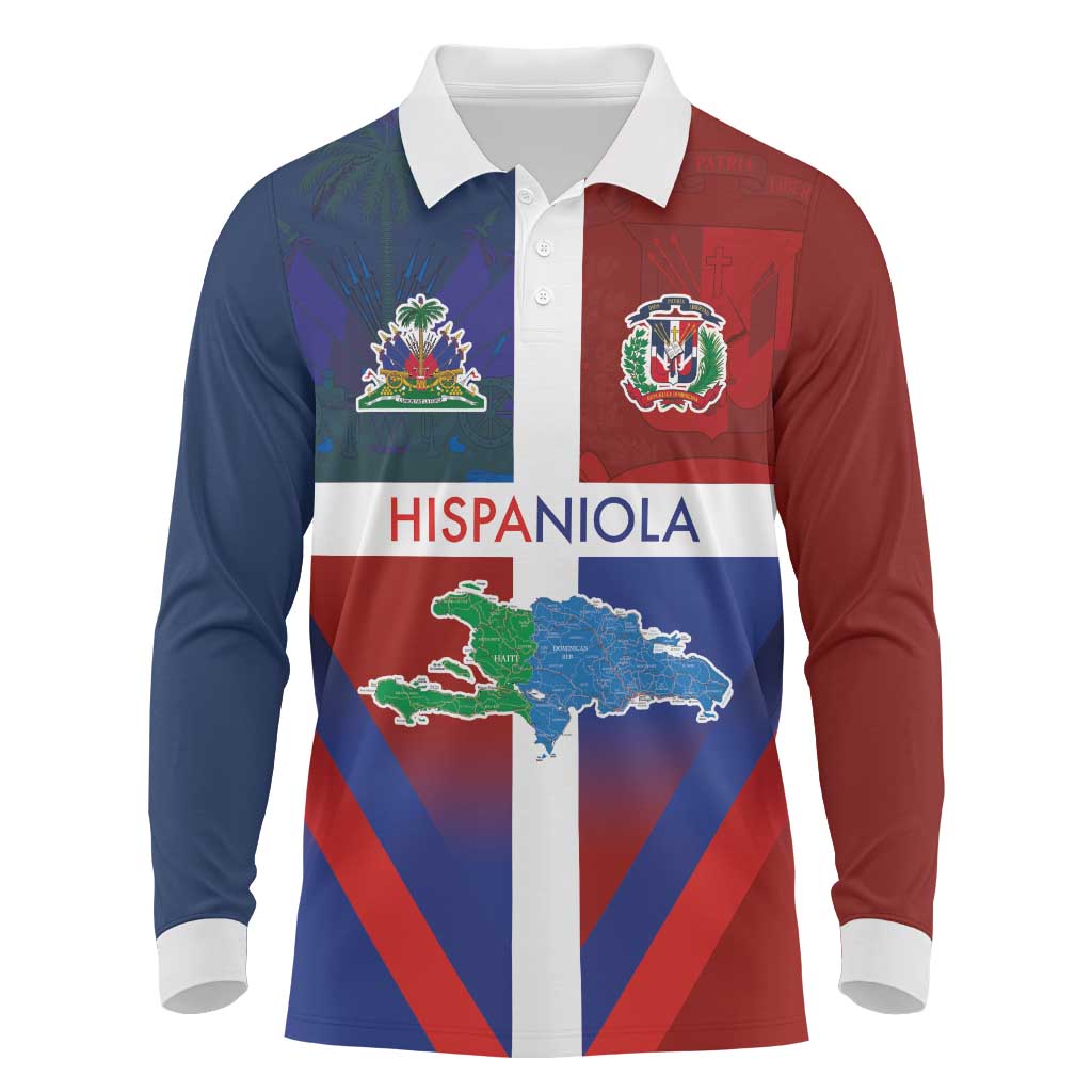 Hispaniola Long Sleeve Polo Shirt Haiti and Dominican Republic Emblems and Flag Style