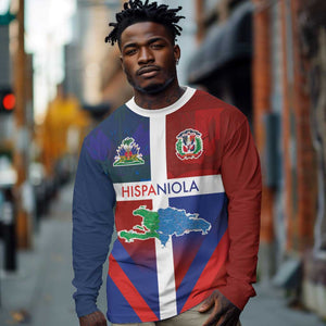 Hispaniola Long Sleeve Shirt Haiti and Dominican Republic Emblems and Flag Style