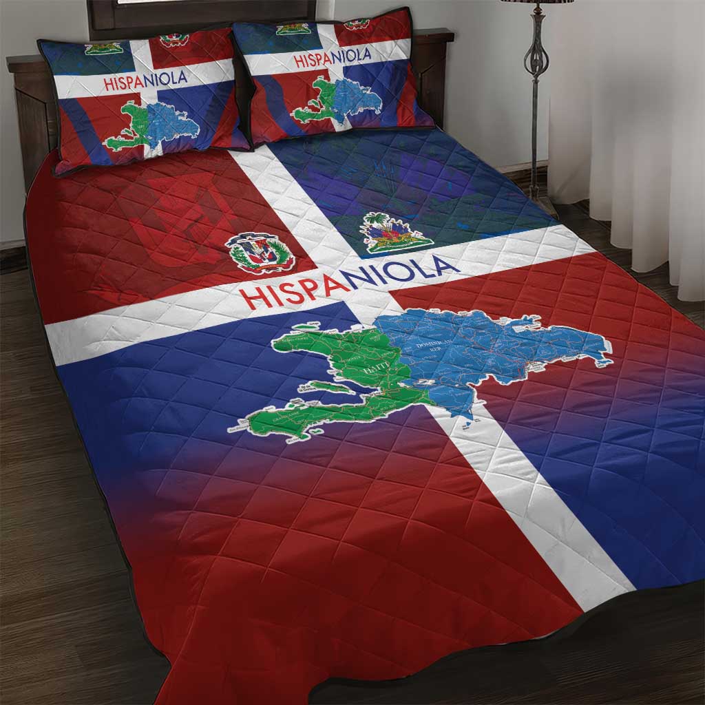 Hispaniola Quilt Bed Set Haiti and Dominican Republic Emblems and Flag Style