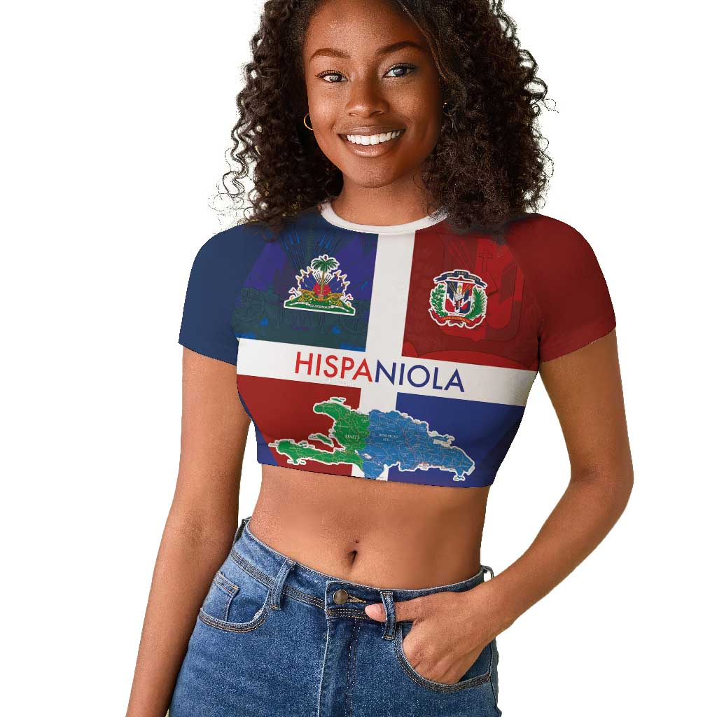 Hispaniola Raglan Cropped T shirt Haiti and Dominican Republic Emblems and Flag Style
