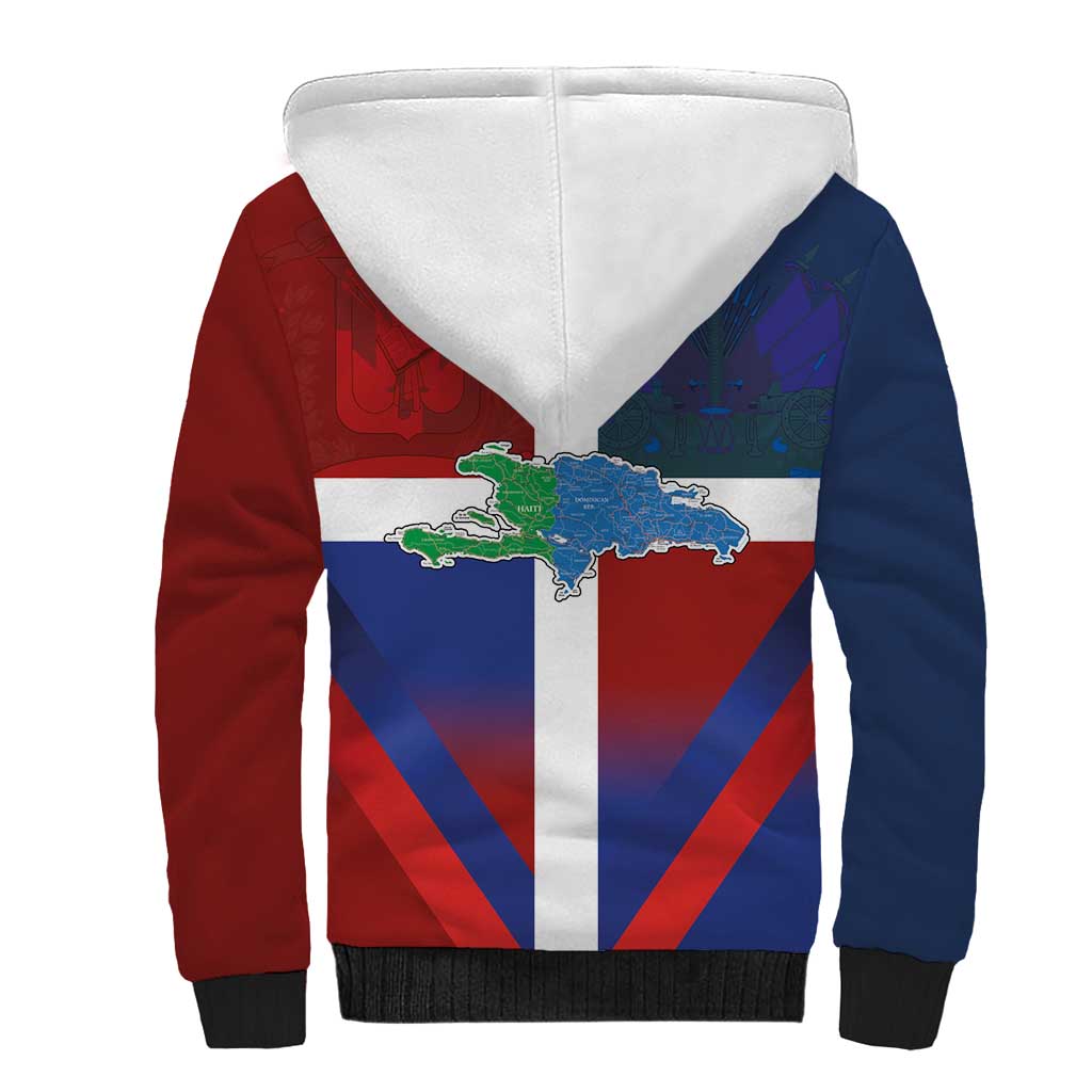 Hispaniola Sherpa Hoodie Haiti and Dominican Republic Emblems and Flag Style