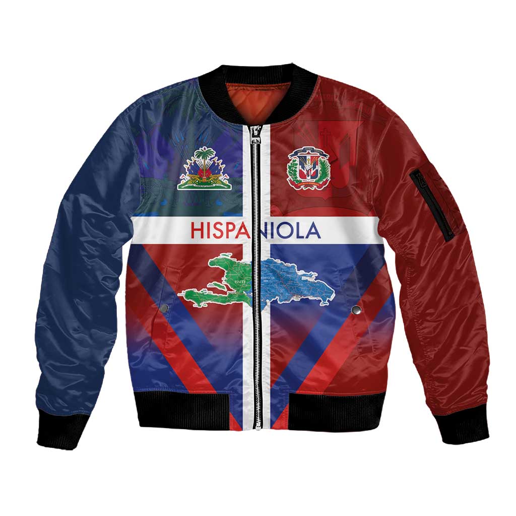 Hispaniola Sleeve Zip Bomber Jacket Haiti and Dominican Republic Emblems and Flag Style