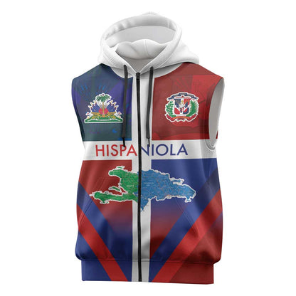 Hispaniola Sleeveless Zip Hoodie Haiti and Dominican Republic Emblems and Flag Style - African Pride