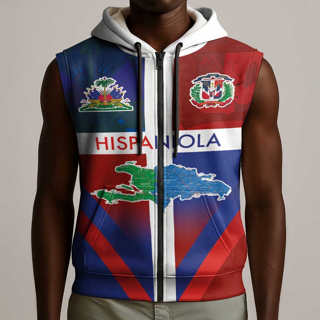 Hispaniola Sleeveless Zip Hoodie Haiti and Dominican Republic Emblems and Flag Style - African Pride