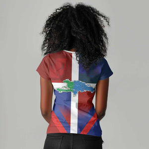 Hispaniola Women V-Neck T-Shirt Haiti and Dominican Republic Emblems and Flag Style