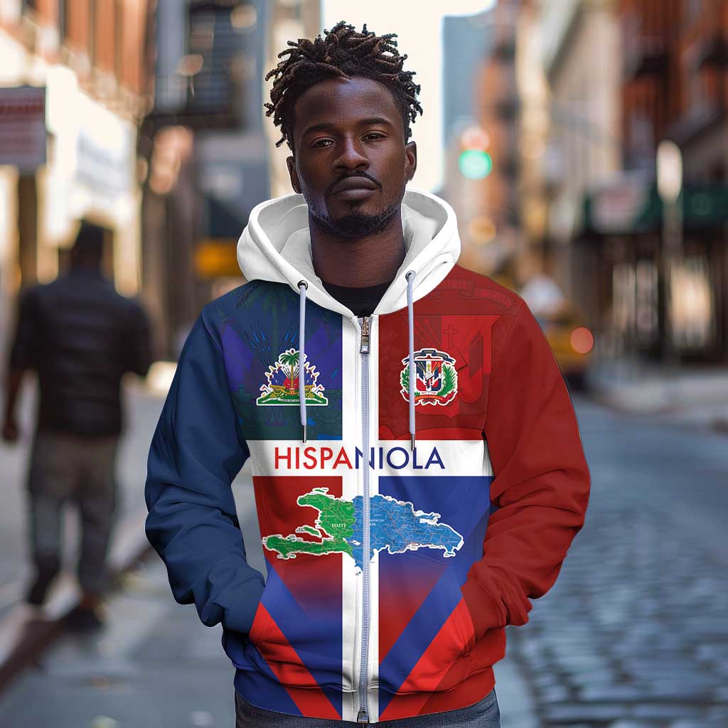 Hispaniola Zip Hoodie Haiti and Dominican Republic Emblems and Flag Style