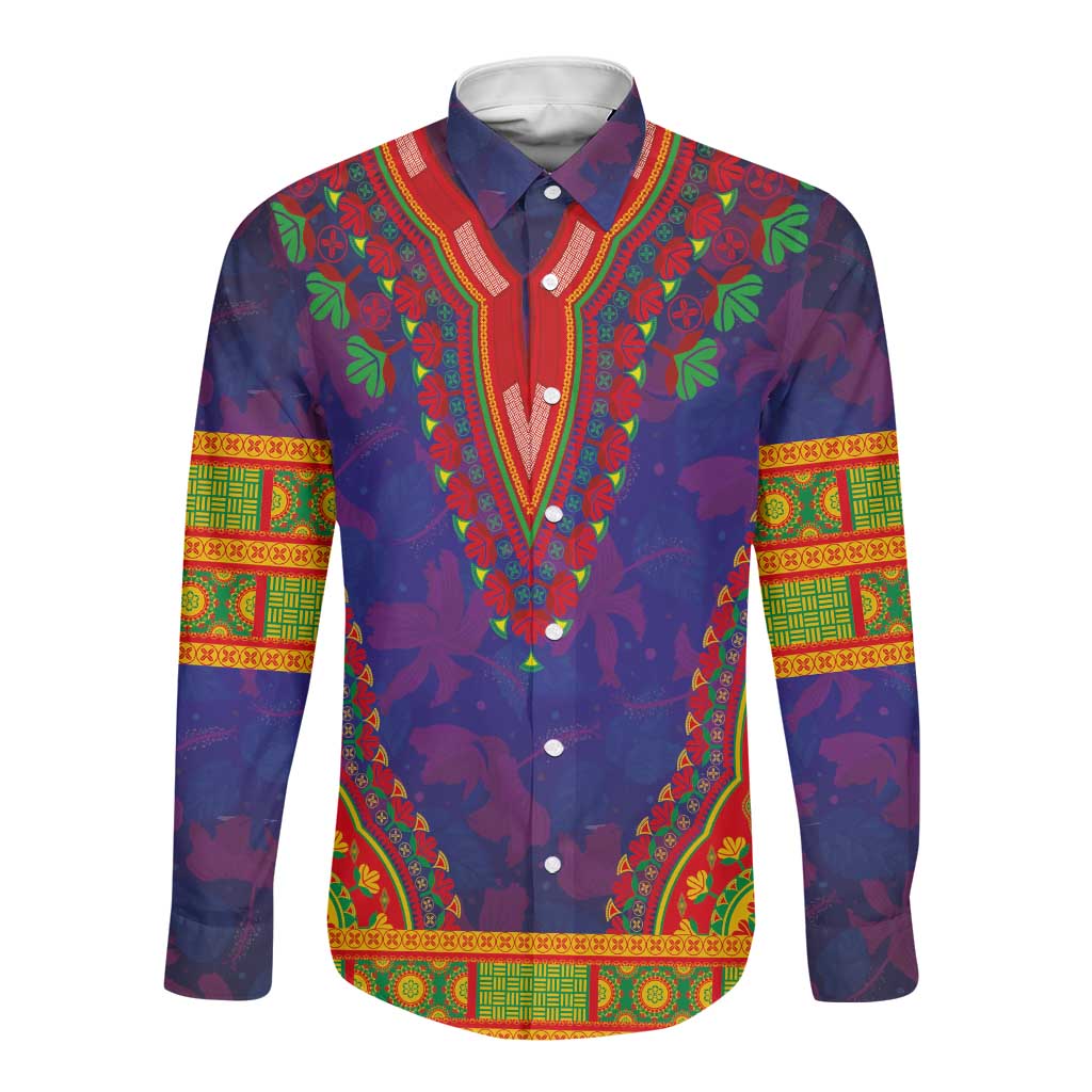 Haiti Long Sleeve Button Shirt Choeblack Dashiki Style Blue Color