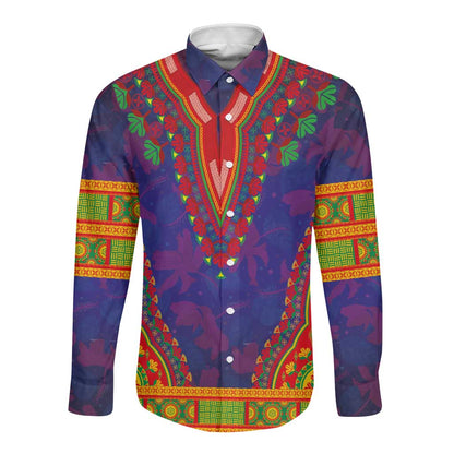 Haiti Long Sleeve Button Shirt Choeblack Dashiki Style Blue Color