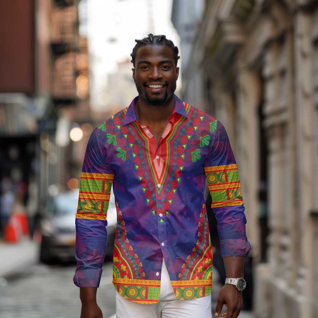 Haiti Long Sleeve Button Shirt Choeblack Dashiki Style Blue Color