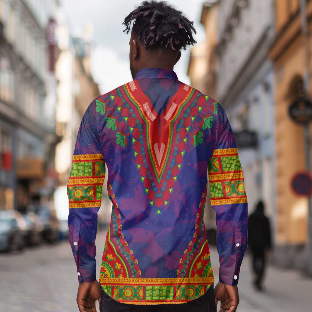Haiti Long Sleeve Button Shirt Choeblack Dashiki Style Blue Color