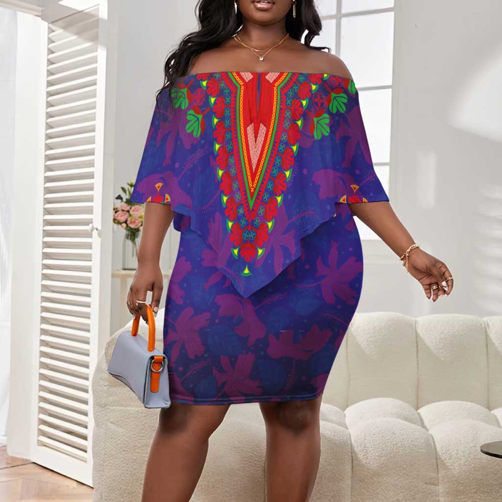 Haiti Off Shoulder Short Dress Choeblack Dashiki Style Blue Color