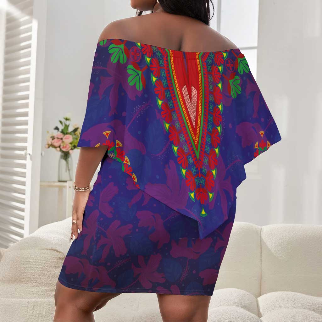 Haiti Off Shoulder Short Dress Choeblack Dashiki Style Blue Color