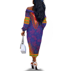 Haiti Off The Shoulder Long Sleeve Dress Choeblack Dashiki Style Blue Color