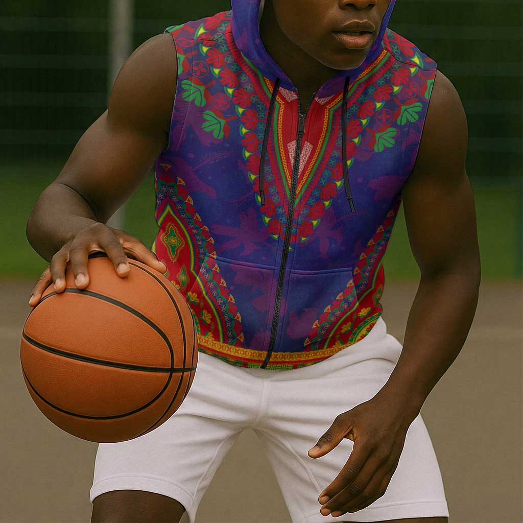 Haiti Sleeveless Zip Hoodie Choeblack Dashiki Style Blue Color - African Pride