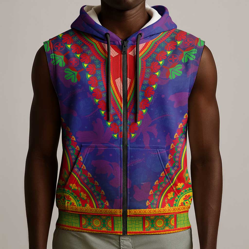 Haiti Sleeveless Zip Hoodie Choeblack Dashiki Style Blue Color - African Pride