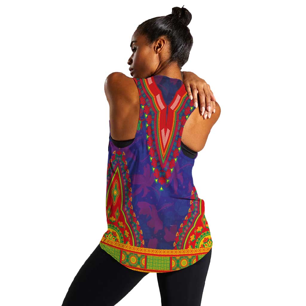 Haiti Women Racerback Tank Choeblack Dashiki Style Blue Color