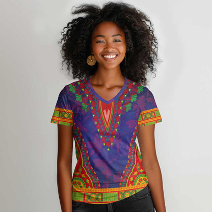 Haiti Women V-Neck T-Shirt Choeblack Dashiki Style Blue Color
