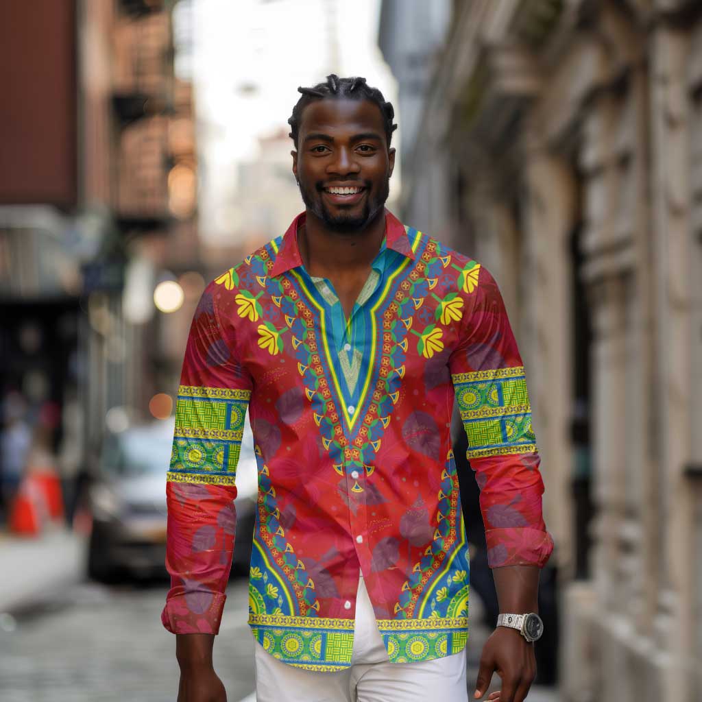 Haiti Long Sleeve Button Shirt Choeblack Dashiki Style Red Color
