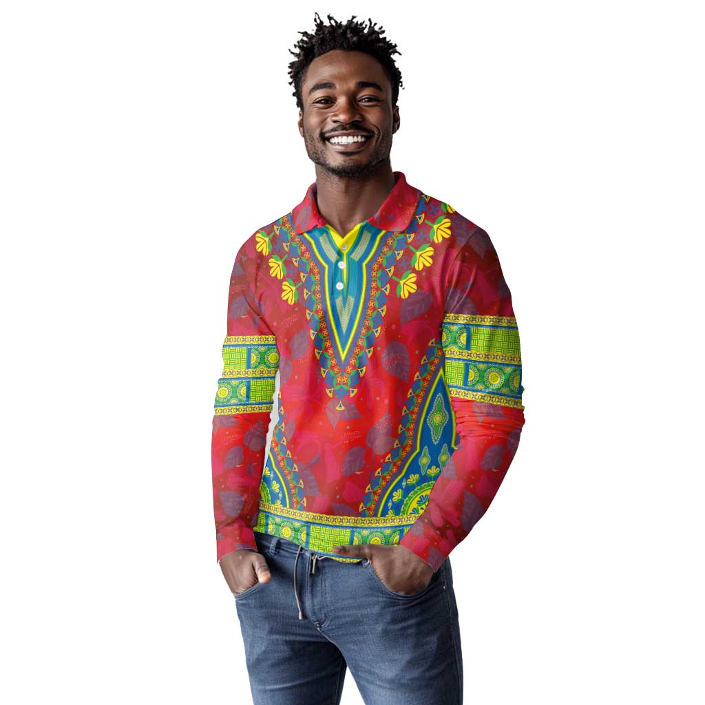Haiti Long Sleeve Polo Shirt Choeblack Dashiki Style Red Color