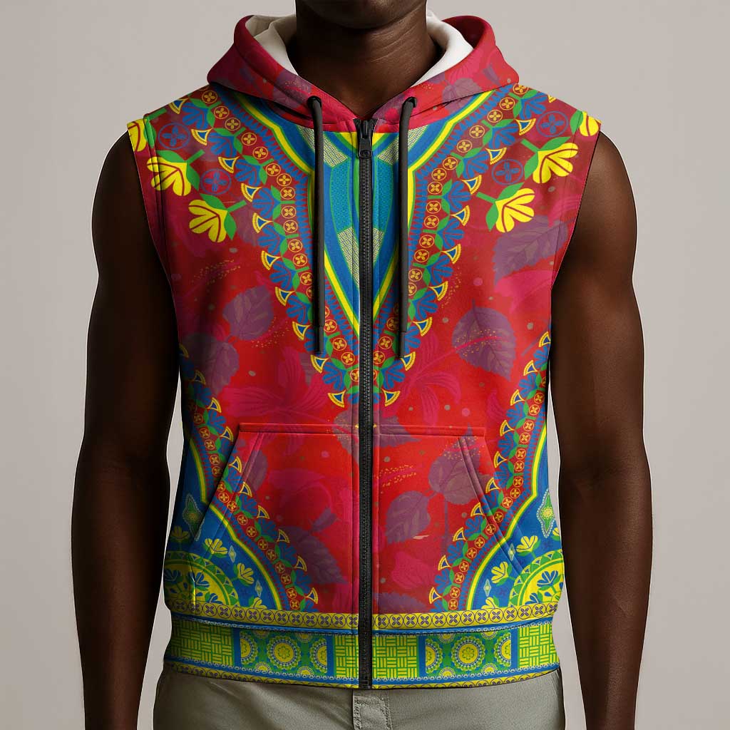 Haiti Sleeveless Zip Hoodie Choeblack Dashiki Style Red Color - African Pride