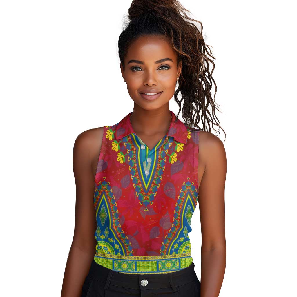 Haiti Women Sleeveless Polo Shirt Choeblack Dashiki Style Red Color