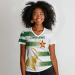 Custom Zimbabwe Rugby Champions of Africa Women V-Neck T-Shirt The Gold Sables Version - African Pride