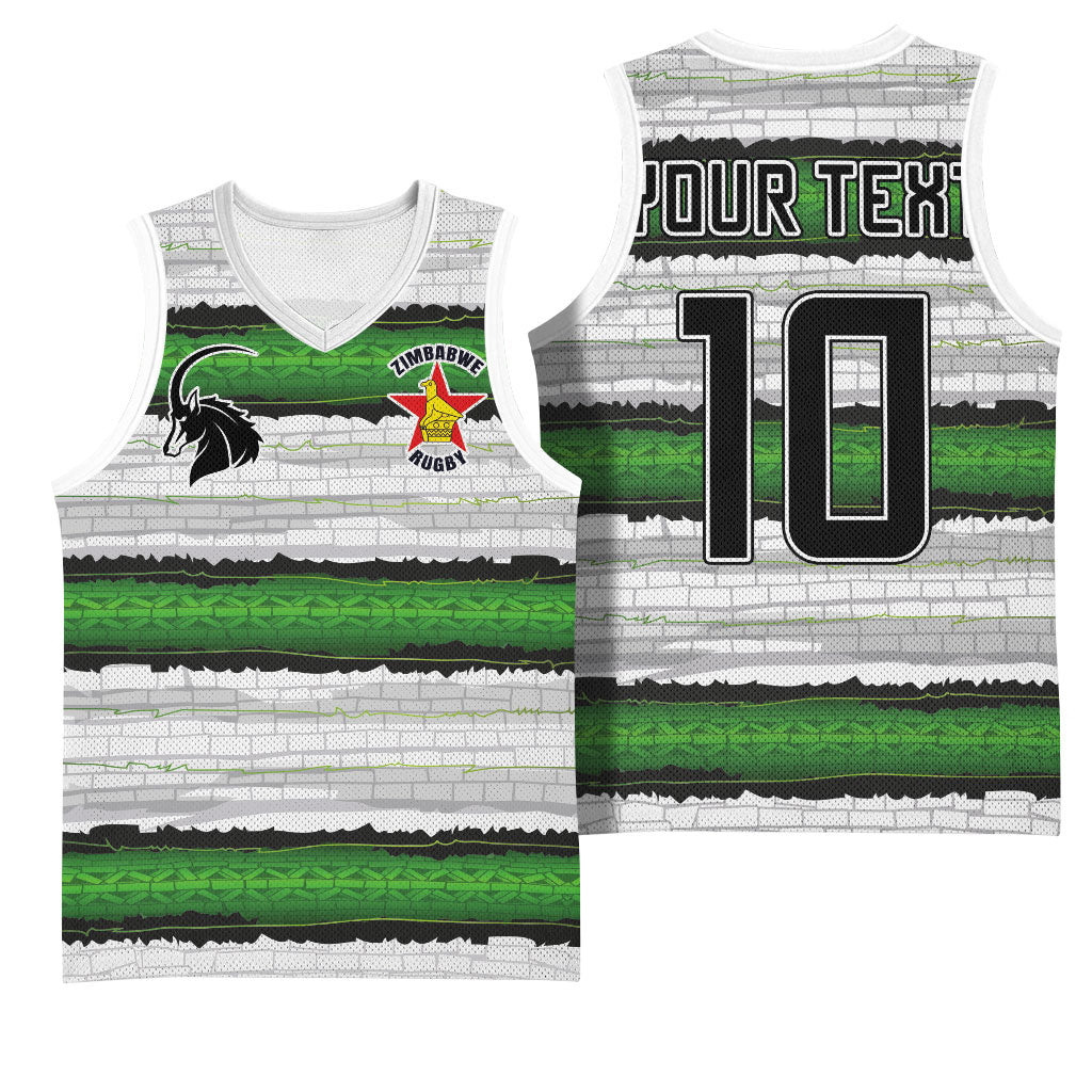 Custom Zimbabwe Rugby Basketball Jersey Geometric Chevron Wall Motif Stripes Style