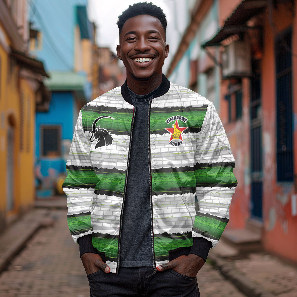 Custom Zimbabwe Rugby Bomber Jacket Geometric Chevron Wall Motif Stripes Style