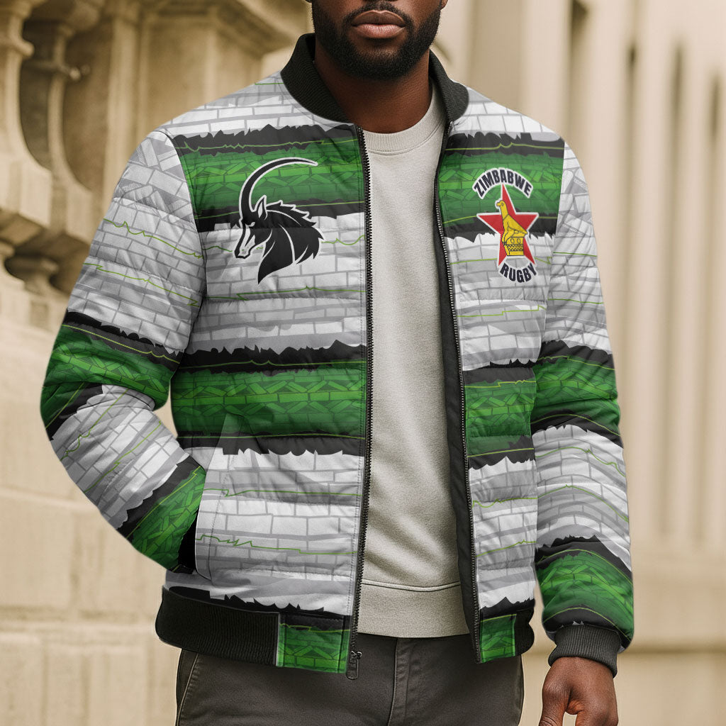 Custom Zimbabwe Rugby Bomber Puffer Jacket Geometric Chevron Wall Motif Stripes Style