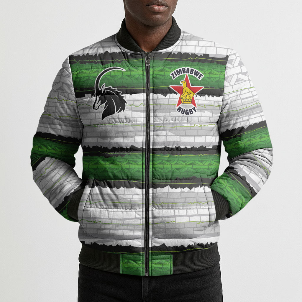 Custom Zimbabwe Rugby Bomber Puffer Jacket Geometric Chevron Wall Motif Stripes Style