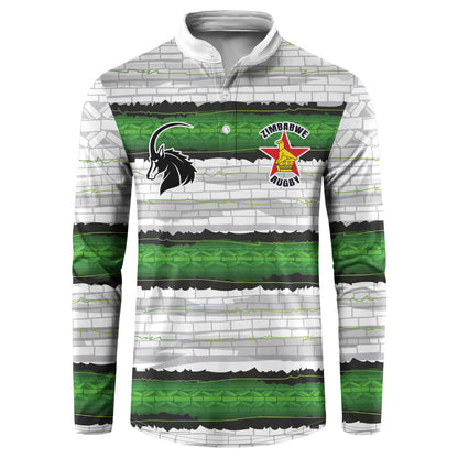 Custom Zimbabwe Rugby Button Sweatshirt Geometric Chevron Wall Motif Stripes Style