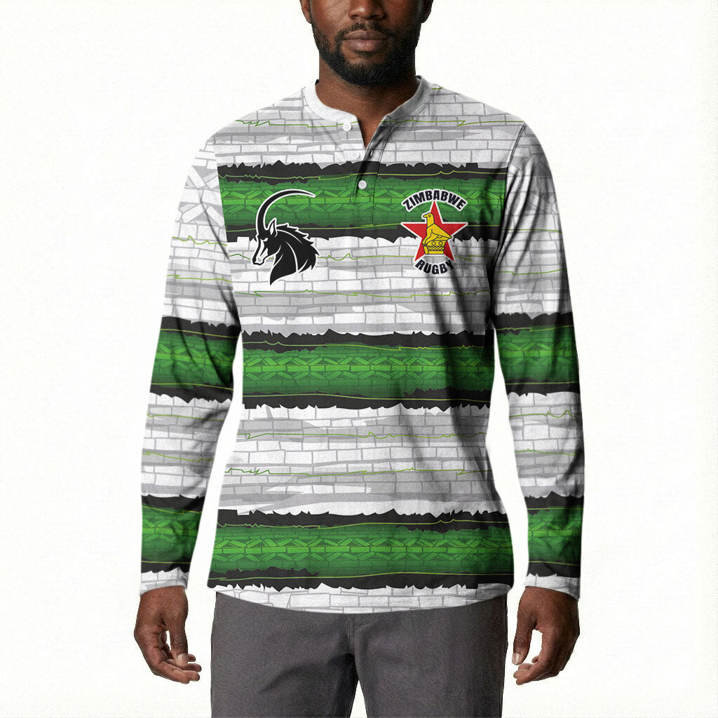 Custom Zimbabwe Rugby Button Sweatshirt Geometric Chevron Wall Motif Stripes Style