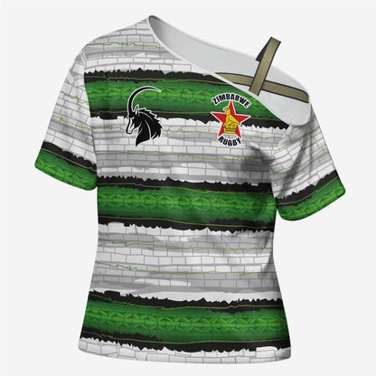 Custom Zimbabwe Rugby Cross Shoulder Shirt Geometric Chevron Wall Motif Stripes Style