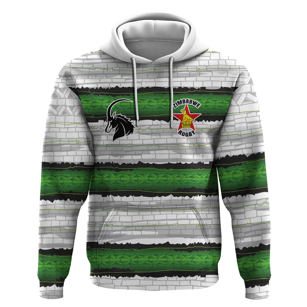 Custom Zimbabwe Rugby Hoodie Geometric Chevron Wall Motif Stripes Style