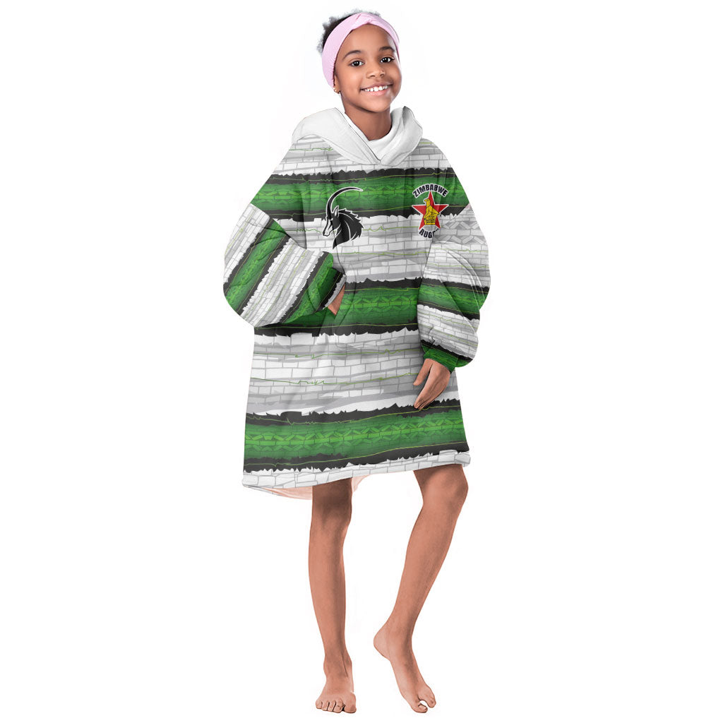 Custom Zimbabwe Rugby Kid Wearable Blanket Hoodie Geometric Chevron Wall Motif Stripes Style
