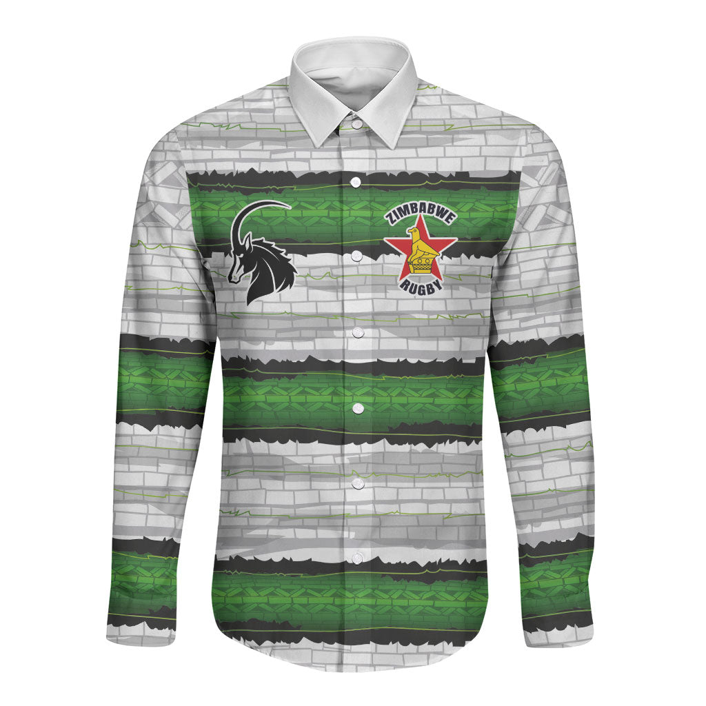 Custom Zimbabwe Rugby Long Sleeve Button Shirt Geometric Chevron Wall Motif Stripes Style