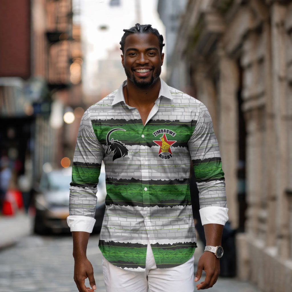 Custom Zimbabwe Rugby Long Sleeve Button Shirt Geometric Chevron Wall Motif Stripes Style